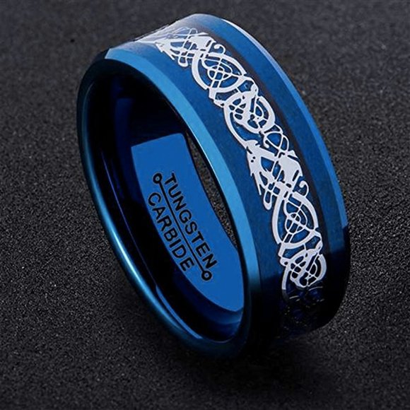 Mens Tungsten Wedding Band 8mm. Blue Celtic Knot Ring w/ Silver and Blue Inlay. - Picture 2 of 2